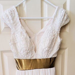 Long white and gold beaded chiffon dress
